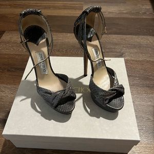 Gray Greta Snakeskin and Leather Ankle Strap Heels Pumps 37.5